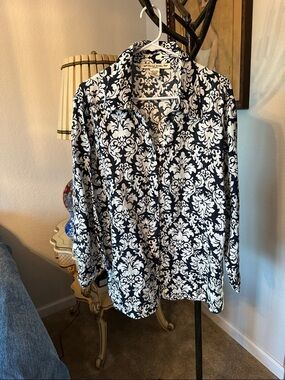 David Brooks Navy and White Damask Linen Shirt Size 2x